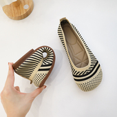 春夏季 复古浅口针织透气女士平软底平跟圆头休闲套脚豆豆奶奶单鞋