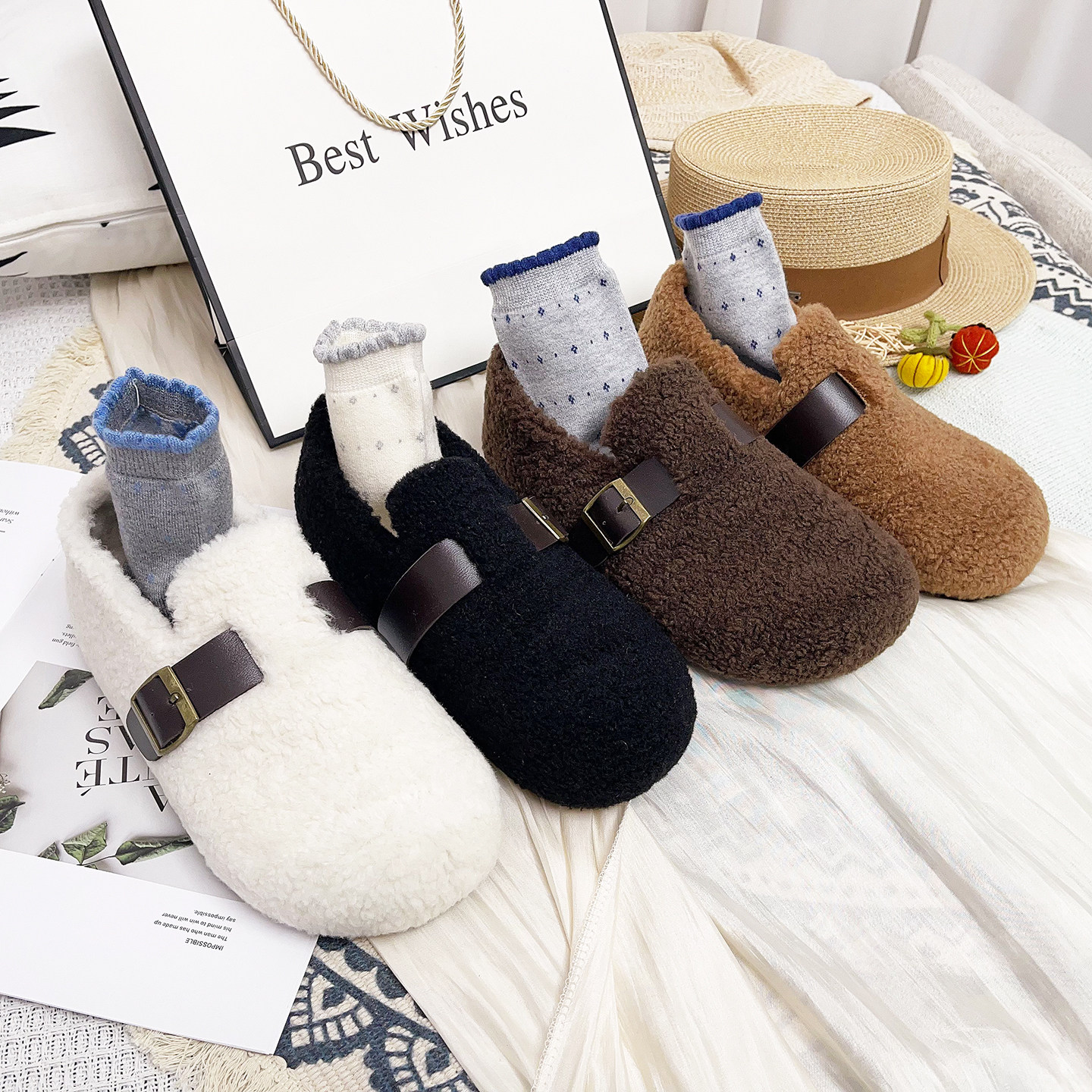 毛毛勃肯鞋女外穿包头懒人鞋2025秋冬季新款金属扣带一脚蹬豆豆鞋,女鞋,乐福鞋（豆豆鞋）,淘宝优惠券,粉丝福利购,淘宝优惠卷