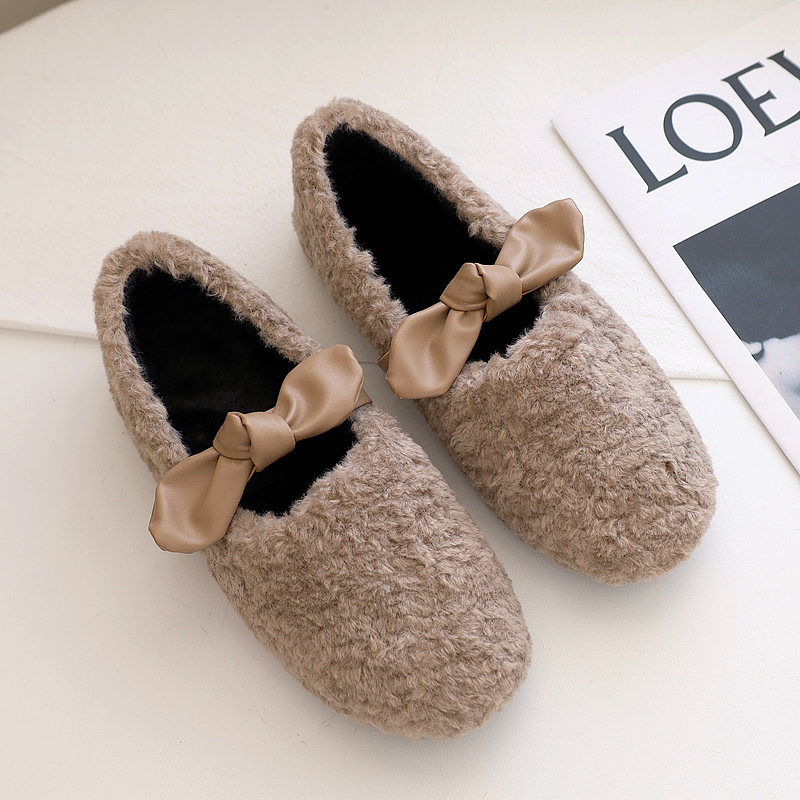 蝴蝶结棉鞋女秋冬新款加绒保暖平底一脚蹬孕妇羊羔毛毛鞋外穿