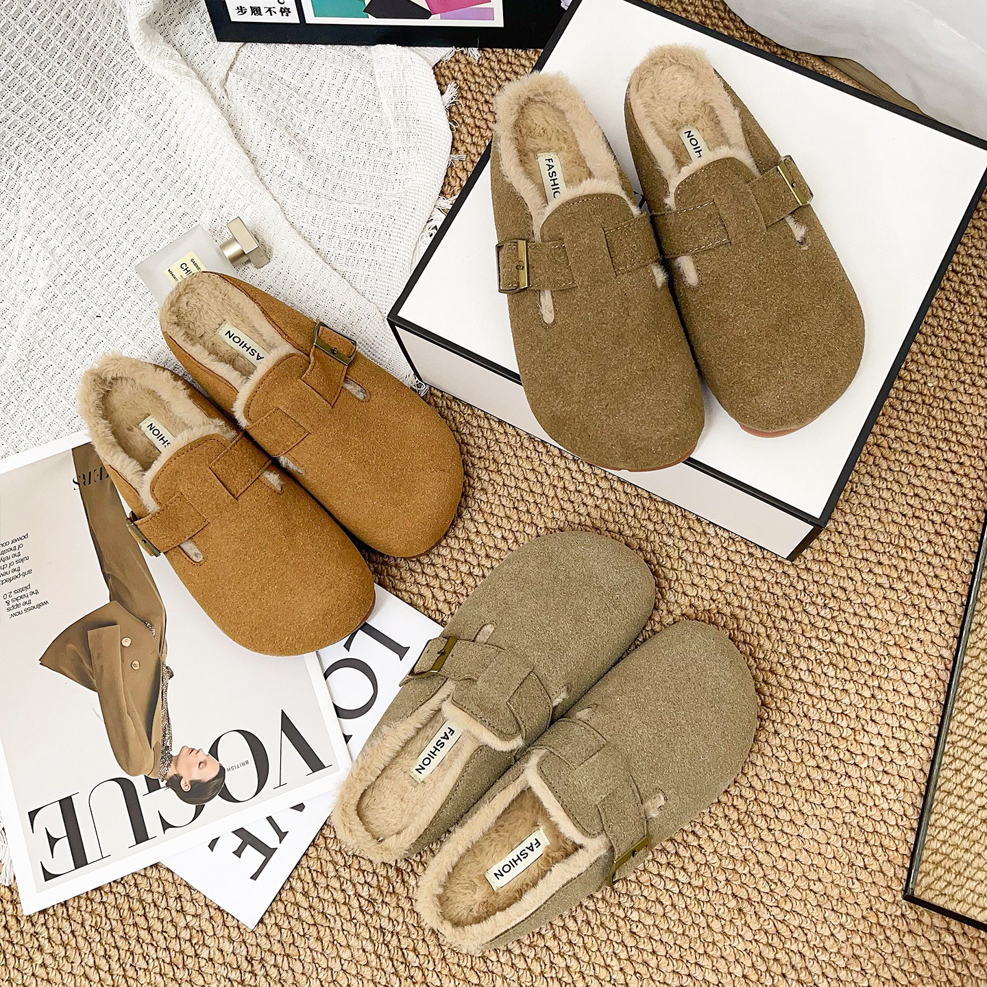 复古厚底毛毛勃肯拖鞋女秋冬季新款包头半拖鞋孕妇一脚蹬博肯拖鞋