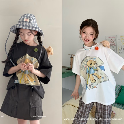 韩国品牌26夏季新款女童儿童圆领短袖T恤卡通印花小熊上衣送公仔