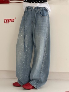 拾在26新春款新款儿童女童牛仔裤裤子潮童满天星烫钻直筒阔腿裤