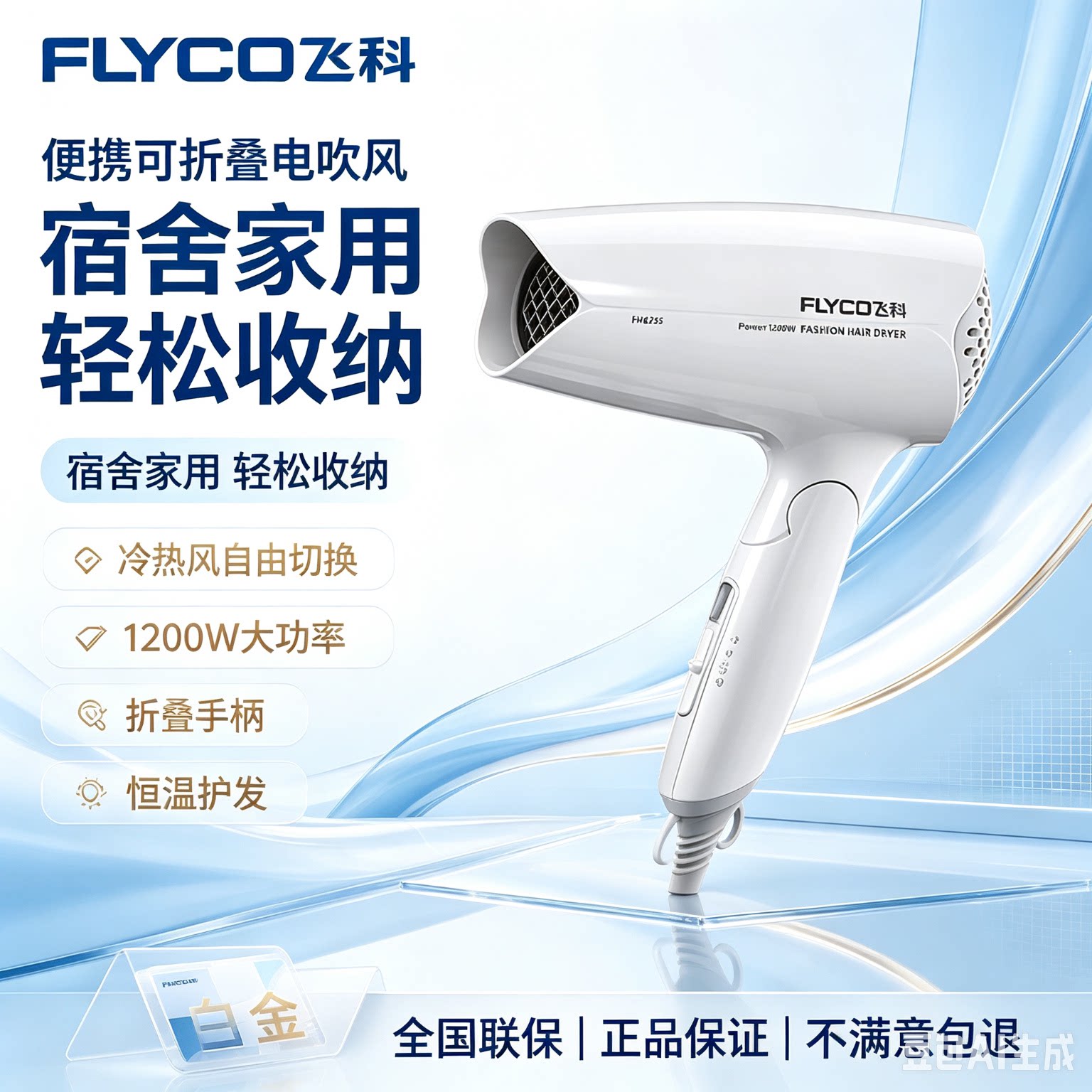 飞科电吹风机FH6255家用大功率1200W便携折叠冷热风3档可折叠