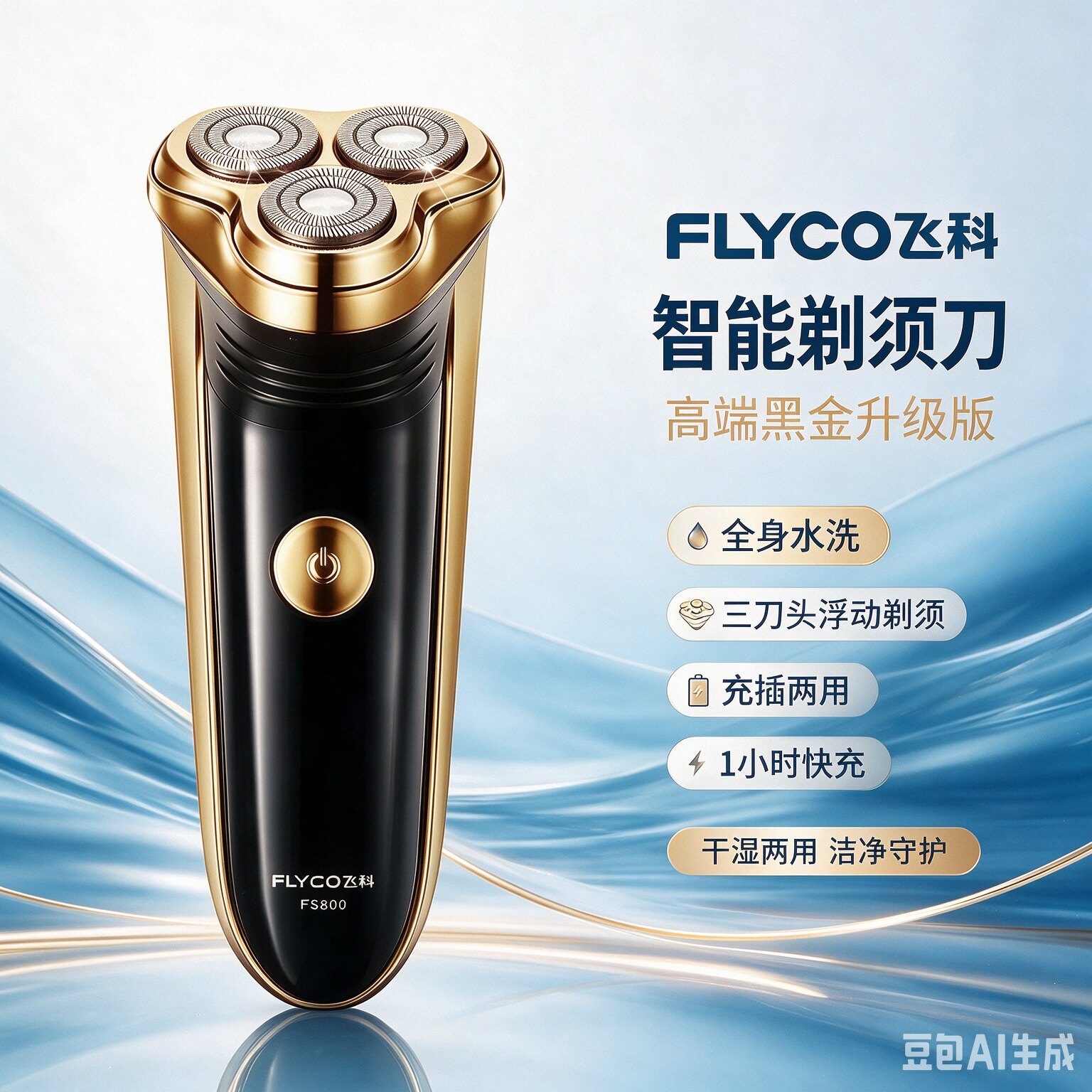 飞科FS360剃须刀男士刮胡刀金银色智能剃须刀三刀头防水洗充电式