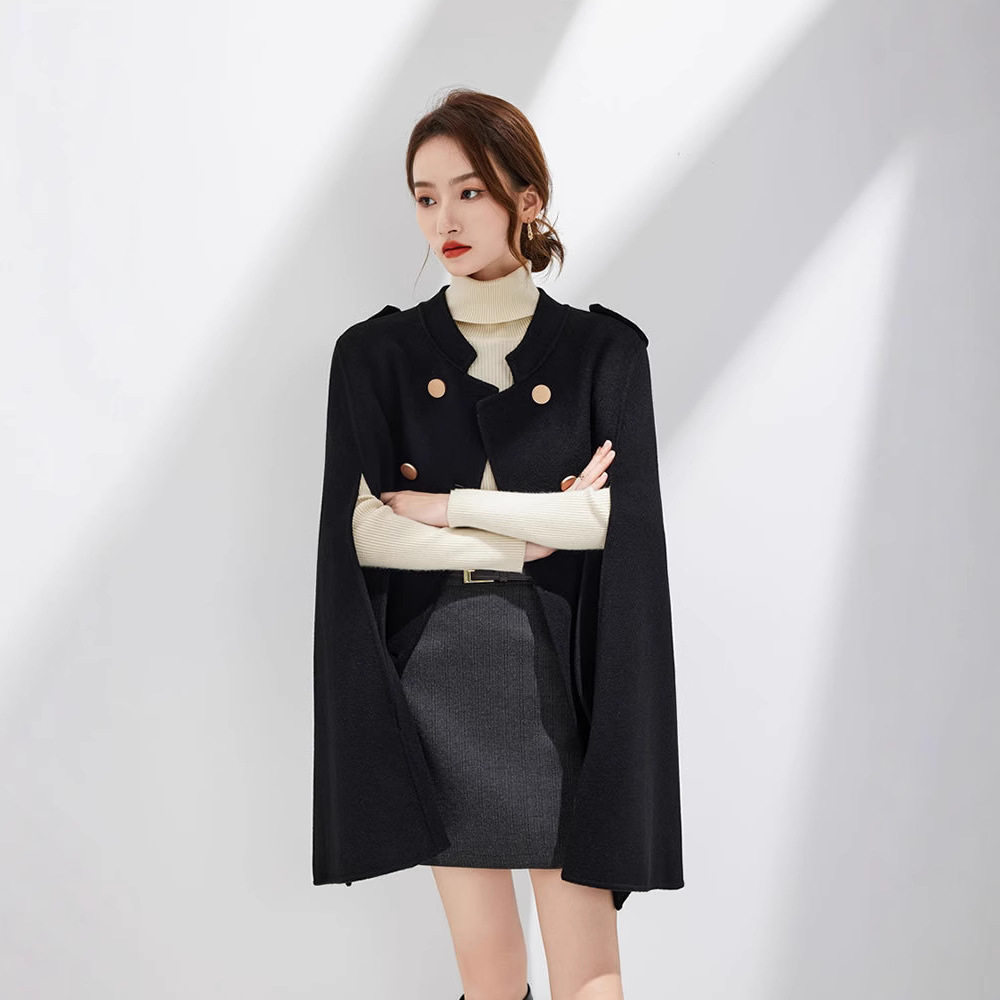 100%纯羊毛双面呢大衣女斗篷外套中长冬英伦风双排扣韩版宽松显瘦