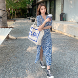 法式蓝色碎花泡泡袖连衣裙女夏2024新款修身显瘦森系小清新长裙，女装连衣裙，浙宝233