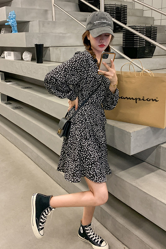 主推秋装韩版黑色碎花长袖连衣裙MMJ2163P90控价138大货,女装连衣裙,浙宝233