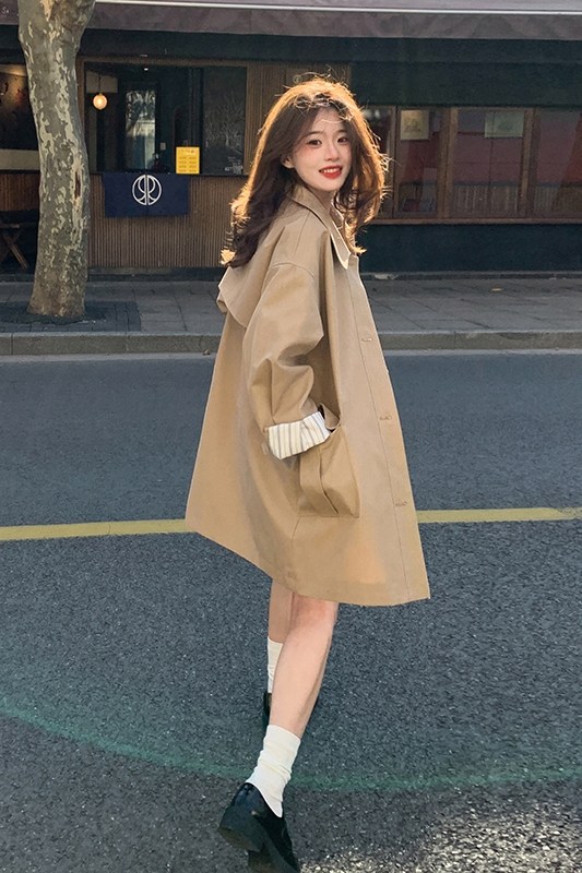 韩系chic咖色单排扣休闲风衣女春秋独特漂亮巨好看宽松小个子外套,女装风衣,浙宝233