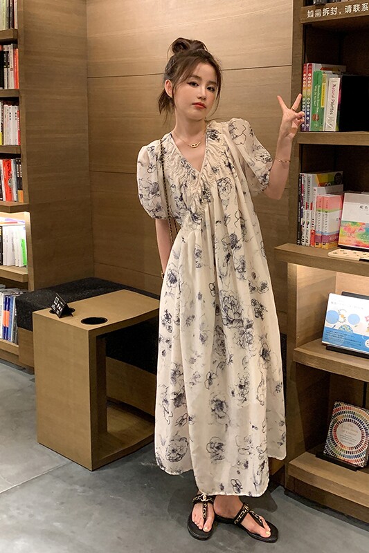 新款主推【已出货】泼墨碎花V领连衣裙MMJ2356P115控价168,女装连衣裙,浙宝233