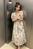 素描水墨画碎花V领连衣裙女夏2024新款新中式国风少女高级感质感，女装连衣裙，浙宝233