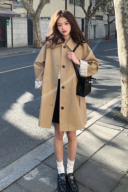 韩系chic咖色单排扣休闲风衣女春秋独特漂亮巨好看宽松小个子外套,女装风衣,浙宝233