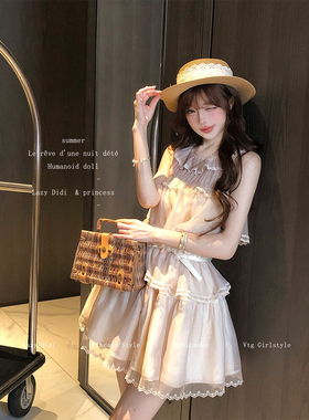 Lazy Didi古早叙事 古董绸纱蕾丝两穿娃娃裙气质花边蛋糕连衣裙