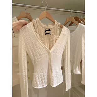 针织衫 Lazy v领内搭甜美长袖 双色叠穿收腰开衫 百搭 Didi焦糖奶芙