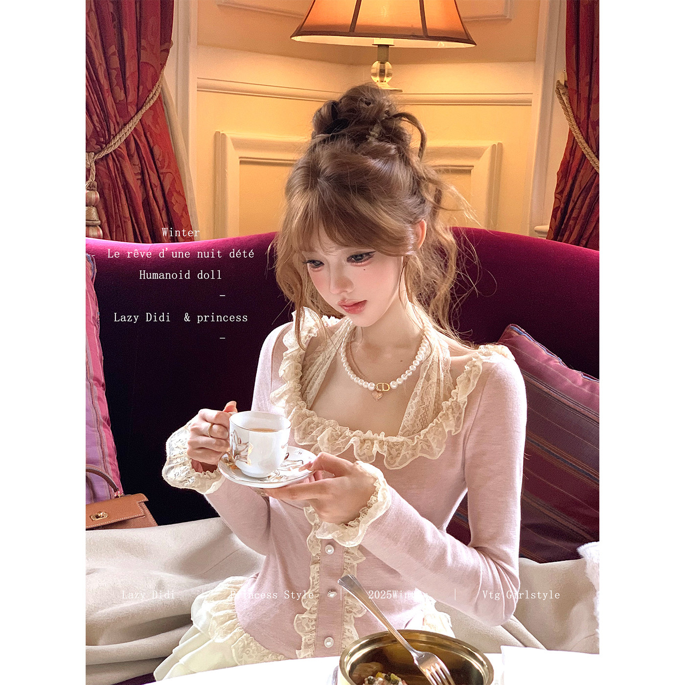 Lazy Didi柔柔午后 320g高克重假两件蕾丝打底木耳边百搭挂脖t恤