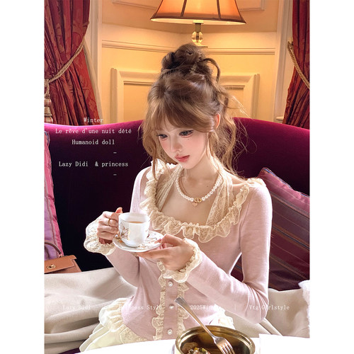 Lazy Didi柔柔午后 320g高克重假两件蕾丝打底木耳边百搭挂脖t恤