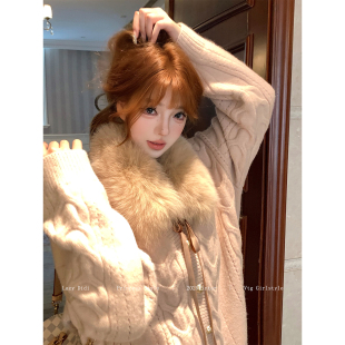 Lazy 全狐狸腹毛围脖毛领百搭系带保暖定染大衣围巾 Didi暖棕柔雾