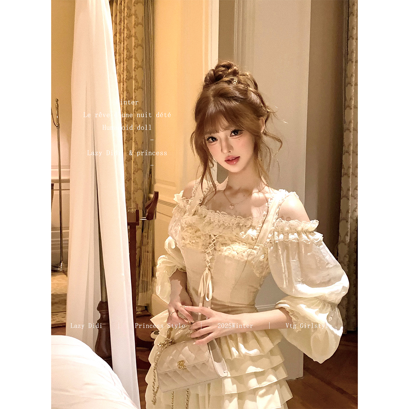 Lazy Didi爱乐之城 剪花盘绣重工古董上衣流光纱公主风泡泡袖衬衫