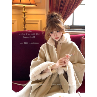 毛呢大衣 中世纪千金环保毛领斗篷复古外套短款 Lazy Didi雪国小狐