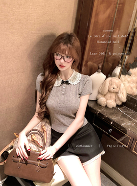 Lazy Didi古董衣领 天丝三色钩花针织上衣甜美花瓣娃娃领短袖t恤