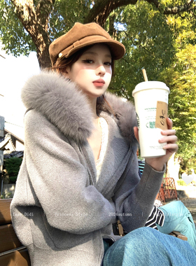 Lazy Didi雪绒花 加绒毛衣外套真狐狸毛领连帽衫蝙蝠袖百搭短上衣