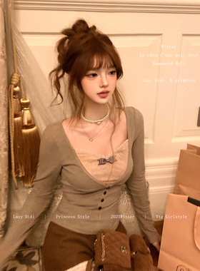 Lazy Didi摩卡旋律 假两件蕾丝拼色拉绒打底秋冬长袖修身t恤上衣