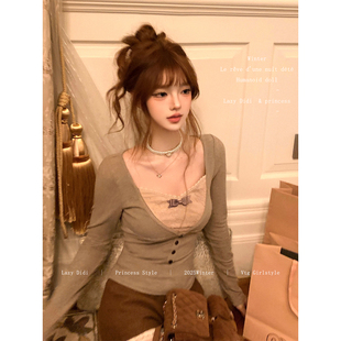 修身 假两件蕾丝拼色拉绒打底秋冬长袖 t恤上衣 Didi摩卡旋律 Lazy