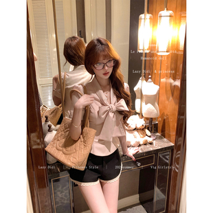 蝴蝶结系带气质中袖 日杂折角腰三色衬衫 上衣 Didi小说女主 Lazy