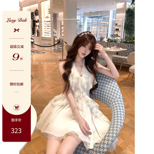 LazyDidi水仙柔柔 重塑比例 收腰曲线不规则浪漫挂脖荷叶边连衣裙