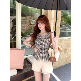 折角腰双色格纹上衣扭结设计收腰显瘦背心短袖 Lazy Didi复古格律