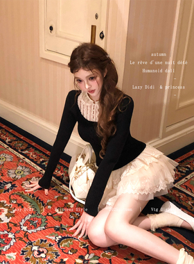 Lazy Didi 格蕾旧梦 收腰蕾丝假两件双色毛衣网纱娃娃领显瘦上衣