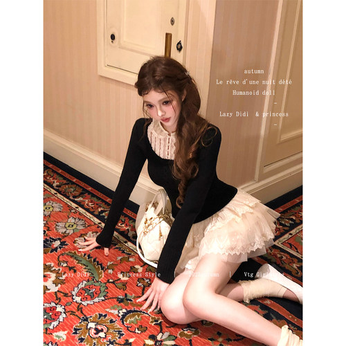 Lazy Didi 格蕾旧梦 收腰蕾丝假两件双色毛衣网纱娃娃领显瘦上衣