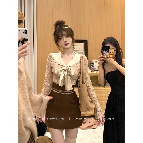 Lazy Didi东京恋人 蝴蝶结蕾丝复古修身上衣掐腰超高腰包臀短半裙