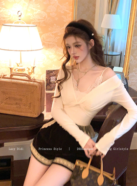 Lazy Didi蕴藏温柔 日系中古蕾丝假两件上衣设计感扭结V领打底衫