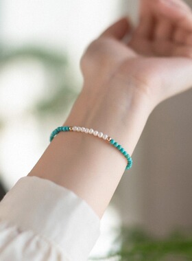 绿松石珍珠手串女士极细国风文玩手链米珠小众设计感单圈轻奢手饰