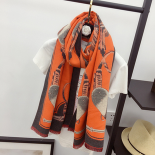 围巾女冬季2025新款百搭马车图案仿羊绒双面加厚保暖披肩围巾围脖