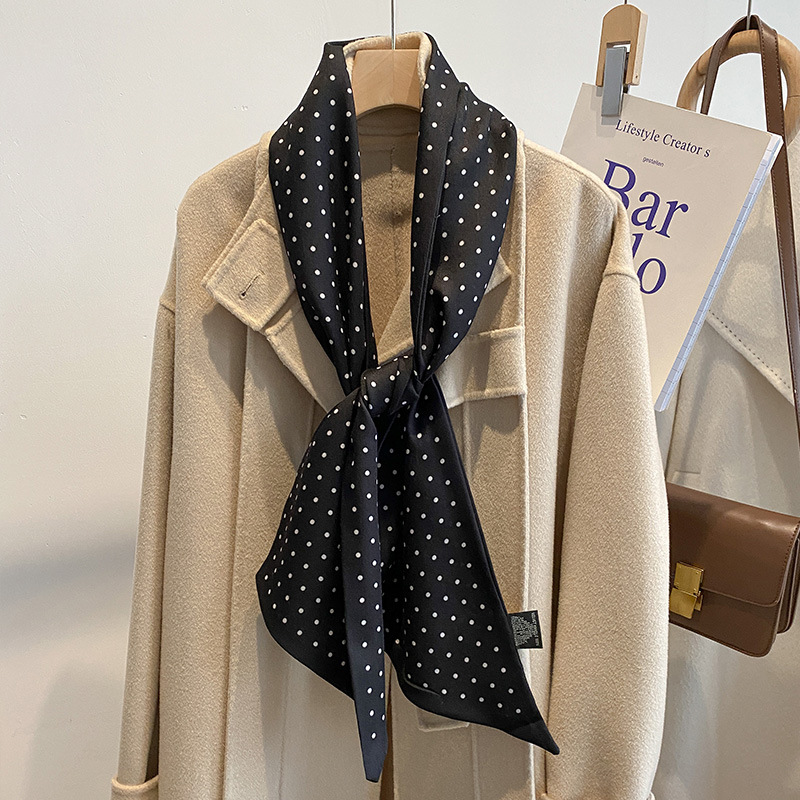 韩版围巾女春秋冬季黑白波点仿丝毛护颈围巾长条领巾飘带百搭装饰