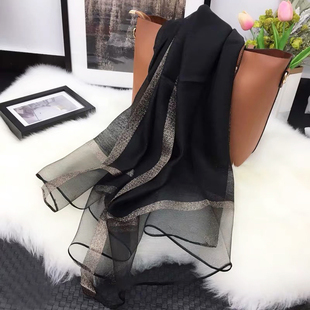 真丝围巾女士秋冬季韩版百搭水波纹金线纯色长款旗袍披肩纱巾丝巾