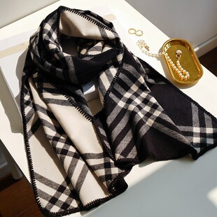 韩版黑色仿羊绒围巾女冬季高级感双面格子纹保暖围脖加厚百搭披肩