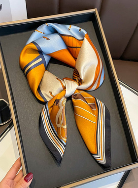 春夏季拼接橙色骏马100%桑蚕丝70方巾真丝丝巾女防晒护颈领巾头巾