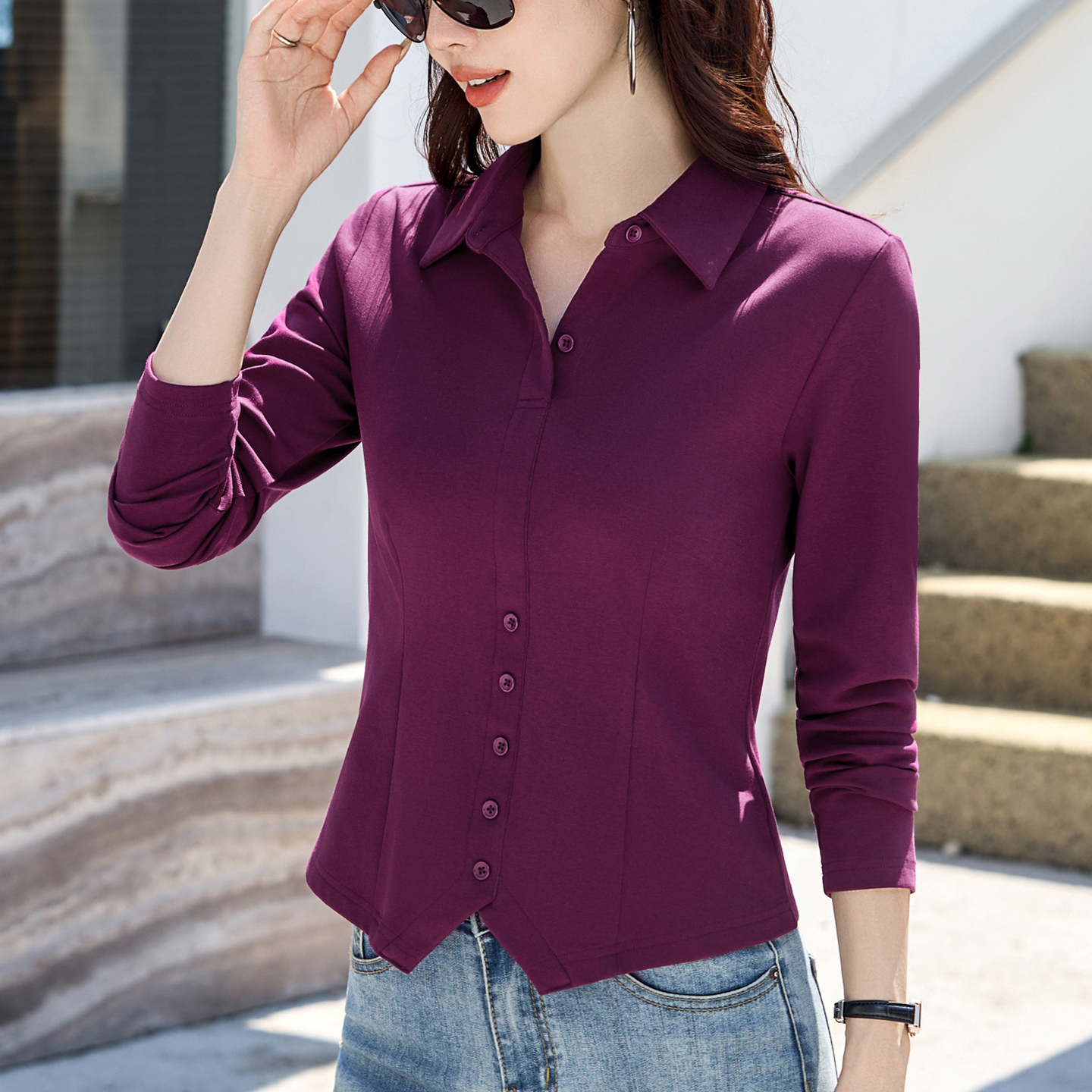 短款翻领长袖T恤女上衣