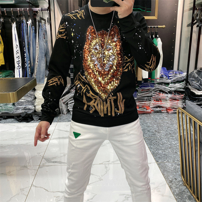 欧货卫衣男2025春秋新款个性重工珠片狼头刺绣烫钻印花修身长袖T