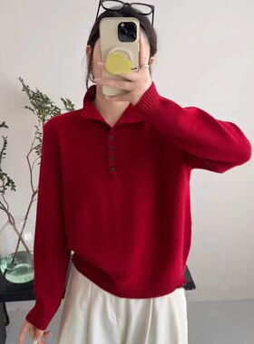 红色半高领卷边纯羊毛衫女高端百搭韩系显瘦软糯针织打底毛衣