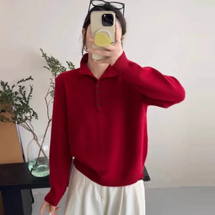 红色半高领卷边纯羊毛衫女高端百搭韩系显瘦软糯针织打底毛衣