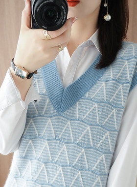 2023春季新款羊毛衫马甲针织背心女百搭菱格撞色羊绒坎肩短款马夹