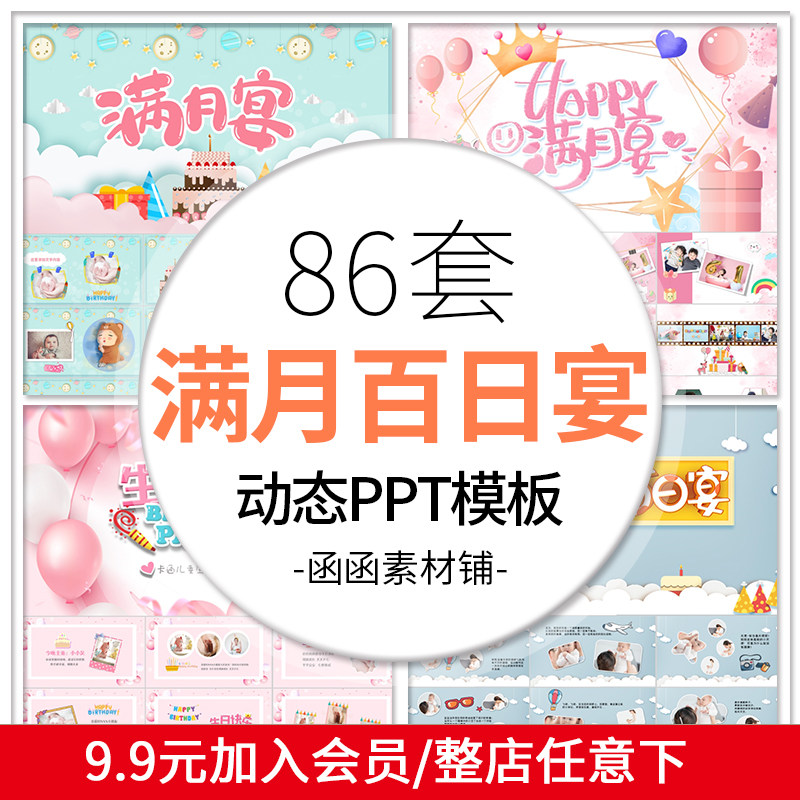 宝宝满月百日宴ppt模板儿童周岁成长记录电子相册开场可爱动态