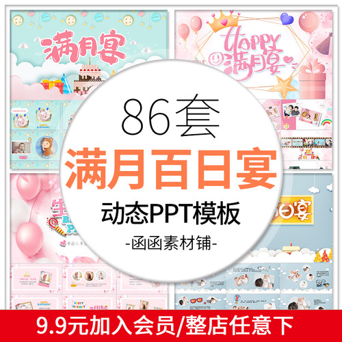 宝宝满月百日宴PPT模板儿童周岁成长记录电子相册开场可爱动态