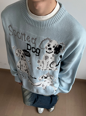 UNLG美式复古小狗毛衣男秋冬季宽松休闲圆领慵懒氛围感针织衫上衣