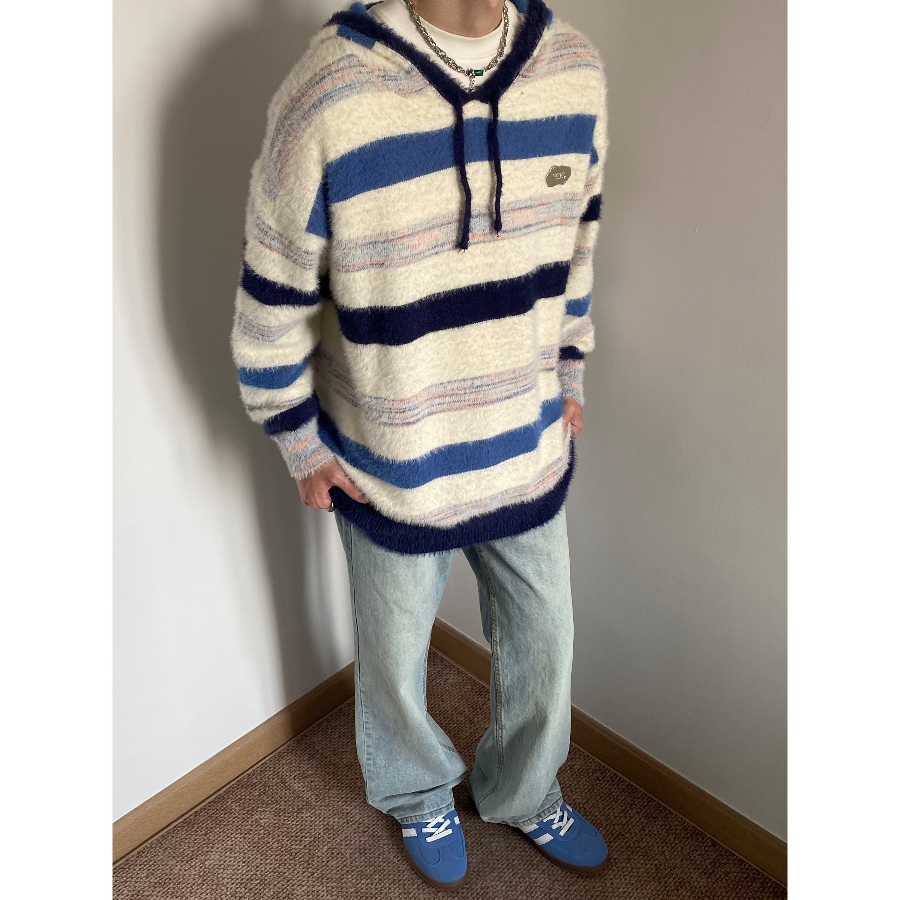 UNLG仿貂毛连帽条纹毛衣男秋冬季