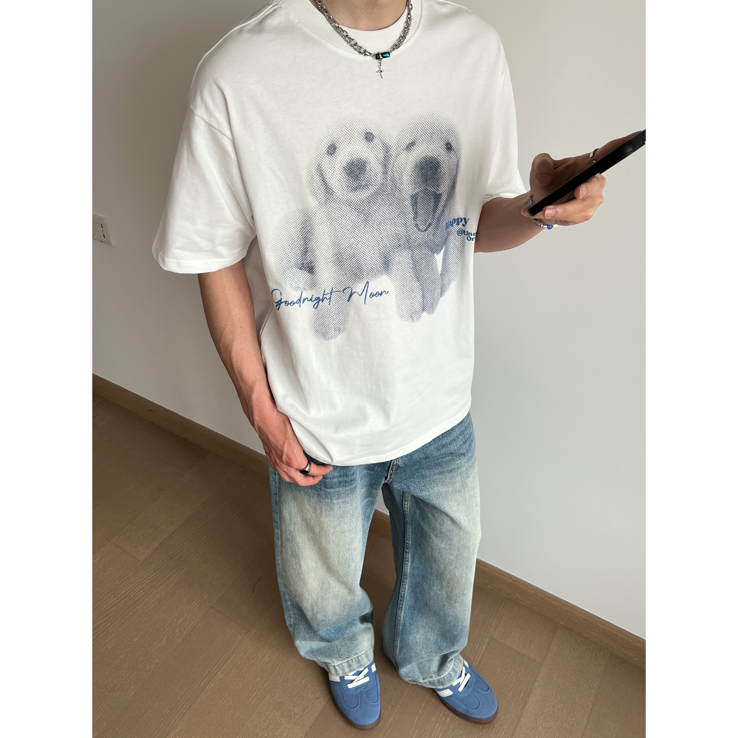 UNLG美式复古金毛小狗纯棉短袖