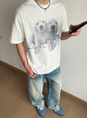 UNLG美式复古金毛小狗印花圆领纯棉短袖t恤男夏季宽松慵懒风上衣